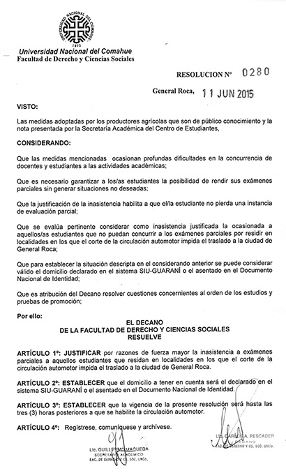 LA FADECS RESOLVIÓ JUSTIFICAR LA INASISTENCIA DE ESTUDIANTES A EXÁMENES PARCIALES, POR RAZONES DE FUERA MAYOR